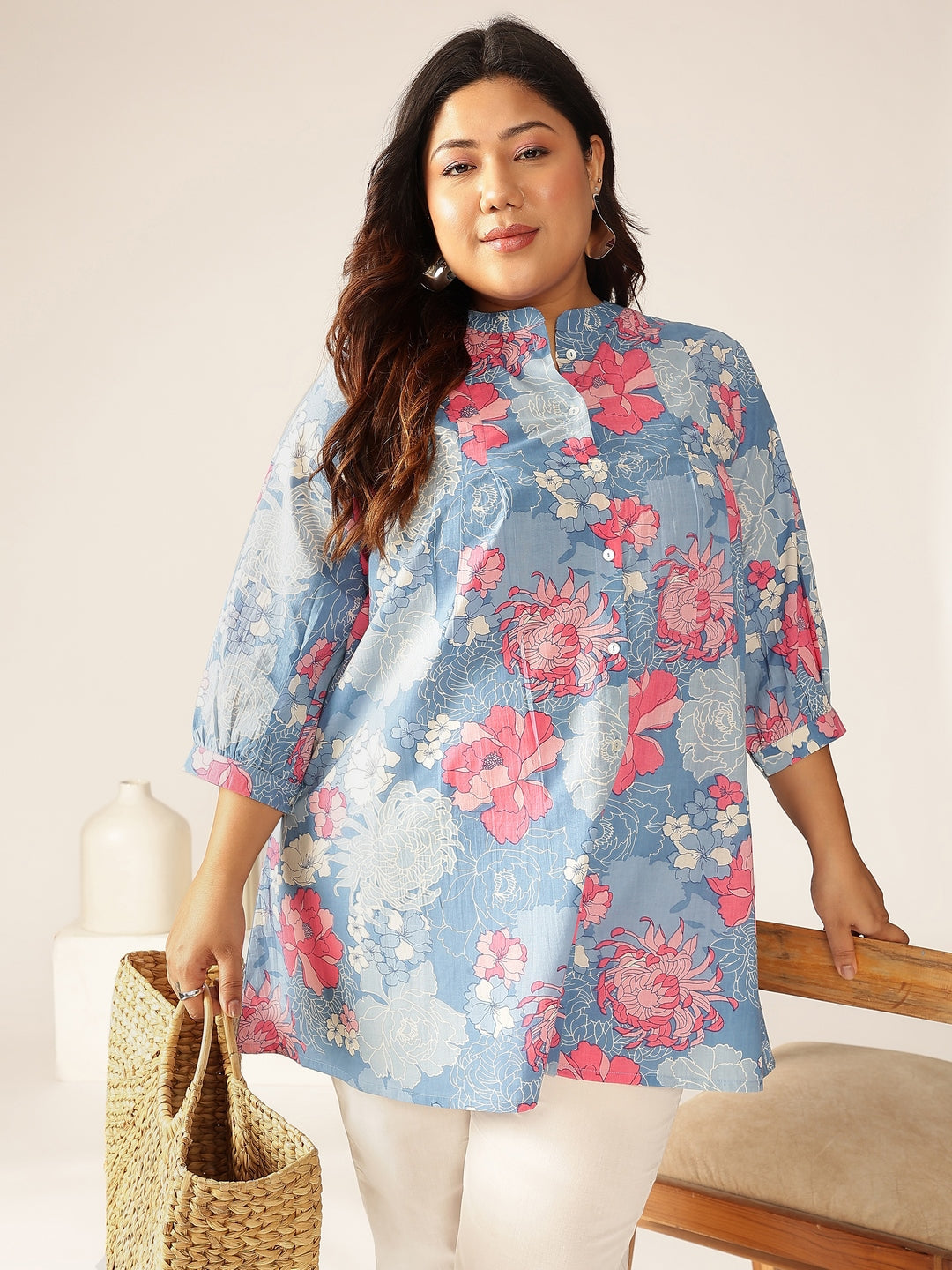 Janasya Bright Cotton Floral A-Line Tunic 