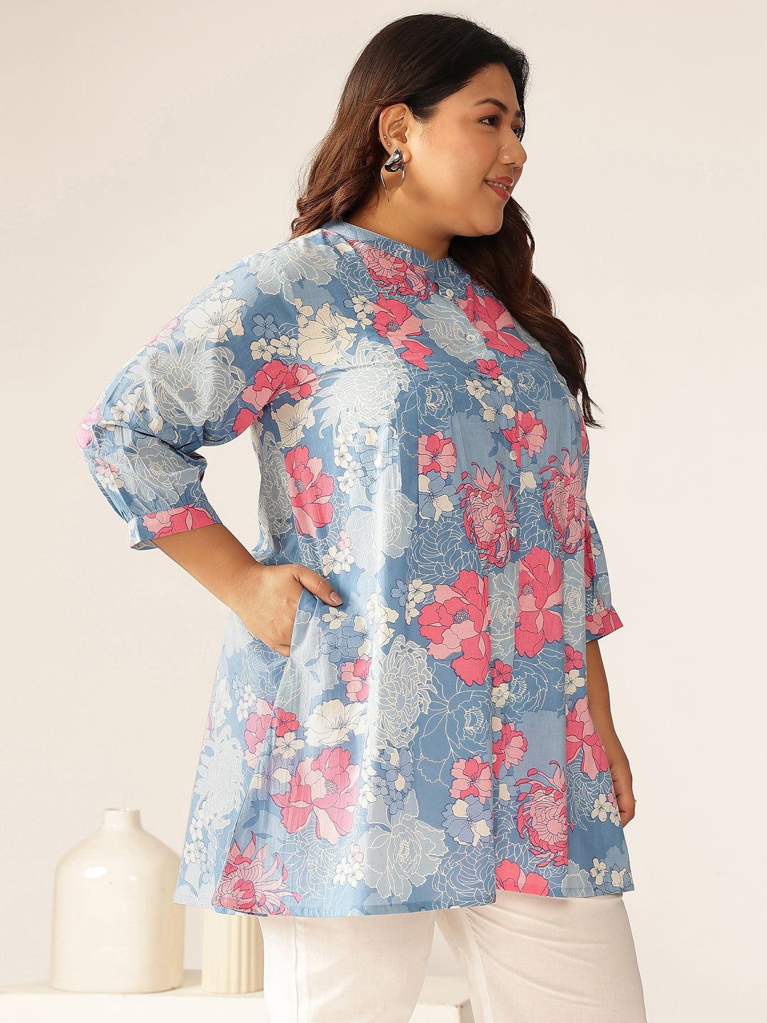 Janasya Bright Cotton Floral A-Line Tunic 