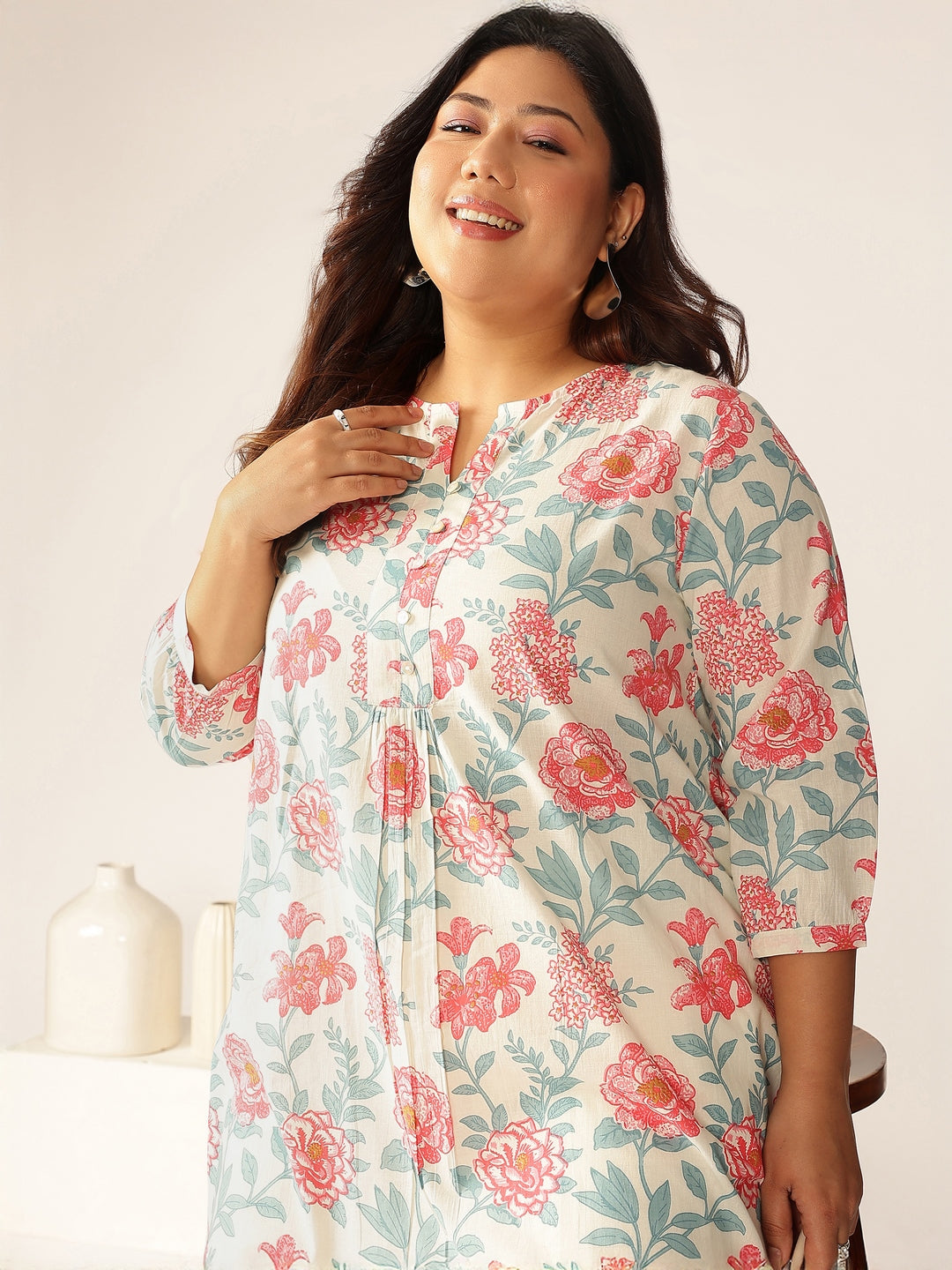 Janasya Light Cotton Floral A-Line Tunic 