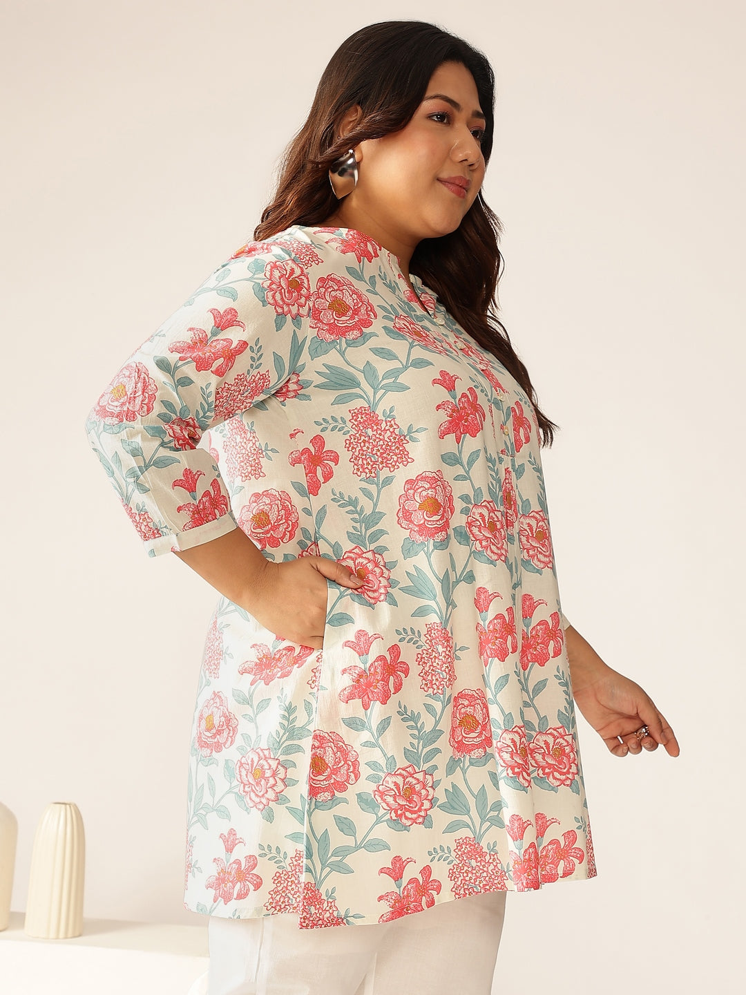 Janasya Light Cotton Floral A-Line Tunic 