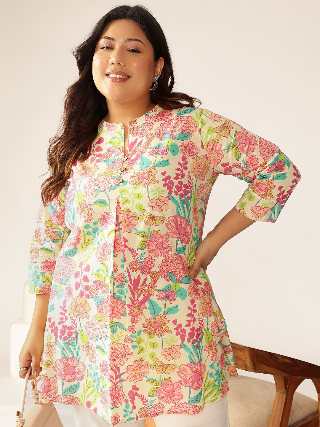 Janasya Bright Cotton Floral A-Line Tunic 