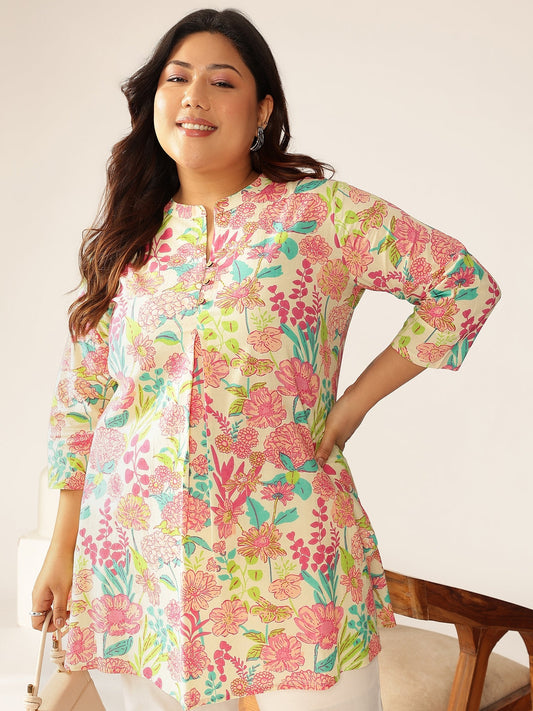 Janasya Bright Cotton Floral A-Line Tunic 