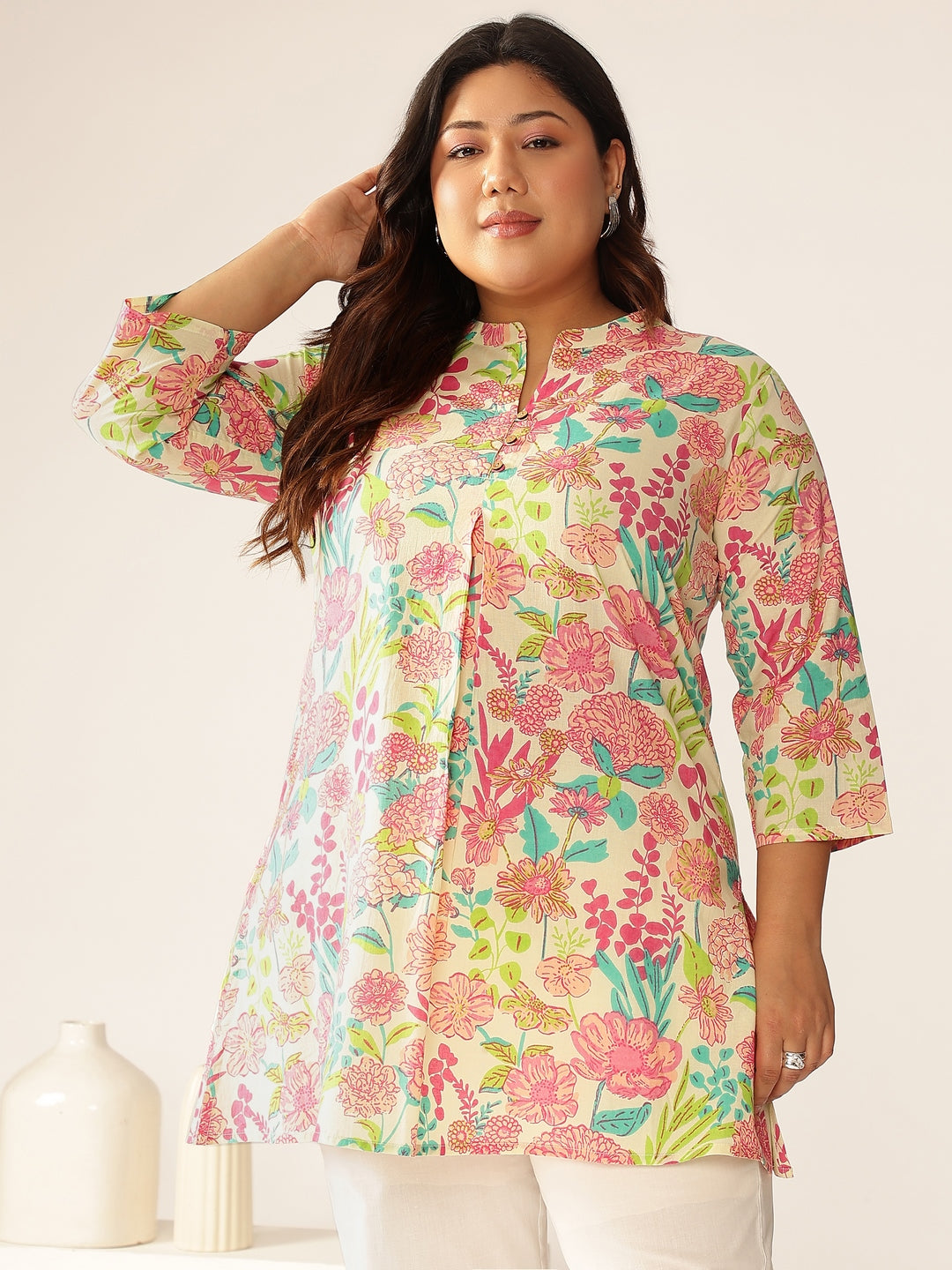 Janasya Bright Cotton Floral A-Line Tunic 
