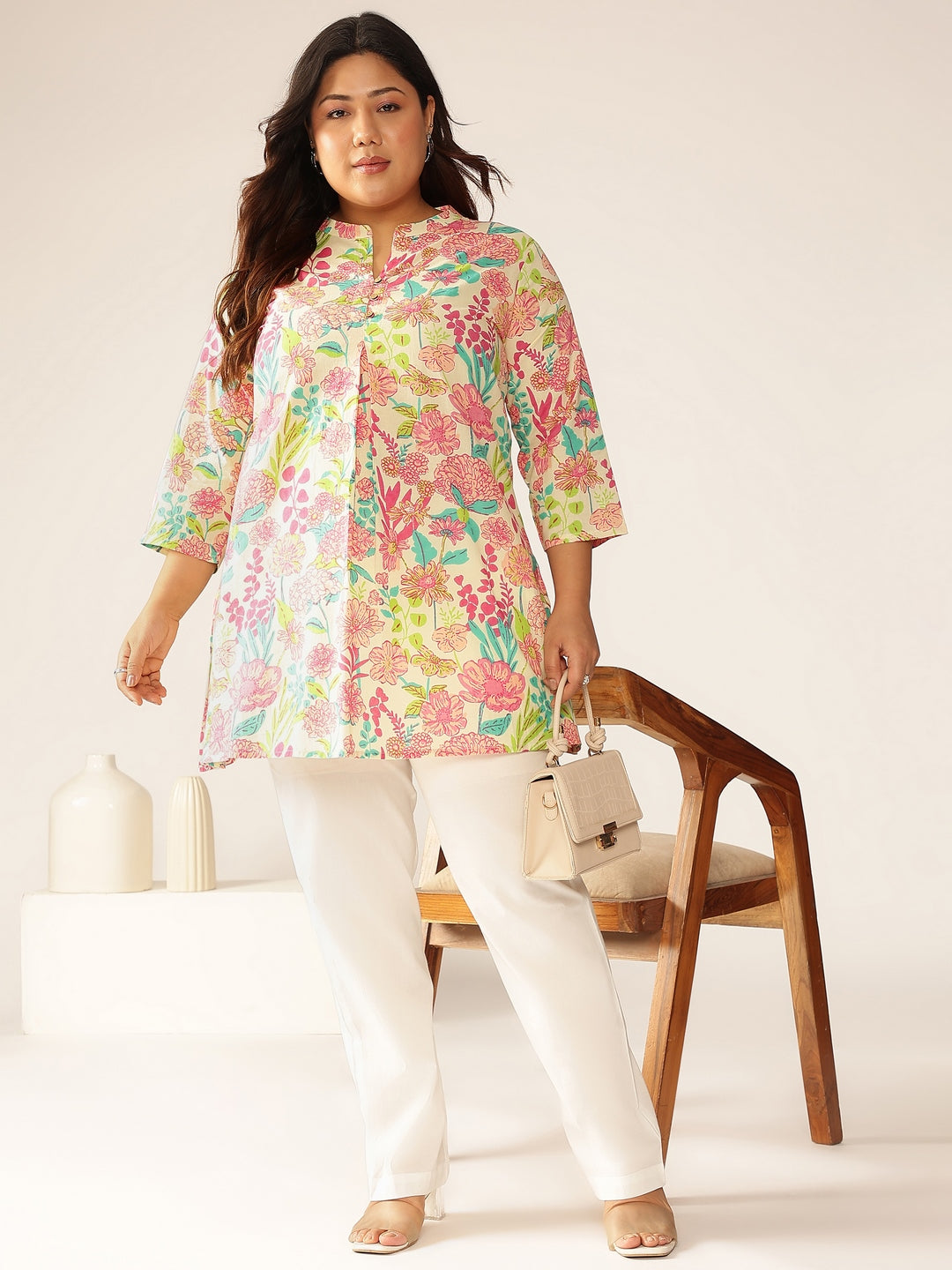 Janasya Bright Cotton Floral A-Line Tunic 