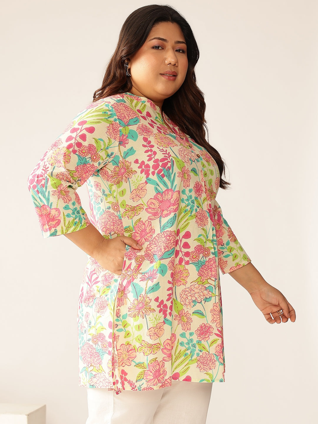 Janasya Bright Cotton Floral A-Line Tunic 