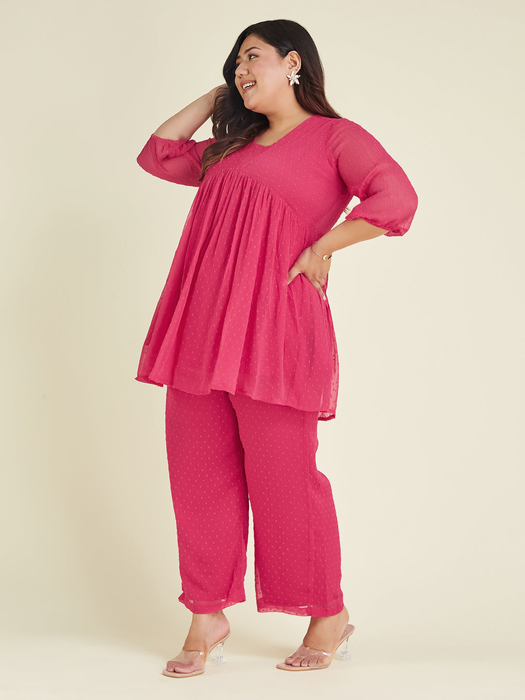Janasya Bright Dobby Chiffon Self Design A-Line Top & Bottom Set 