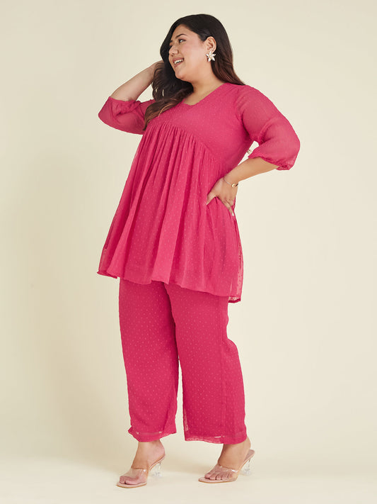 Janasya Bright Dobby Chiffon Self Design A-Line Top & Bottom Set 