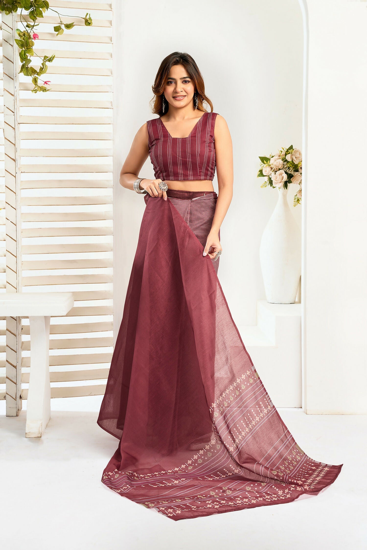 Joban Fashion Maroon Ethnic Motifs Linen Ready To Wear Saree With Unstitched Blouse