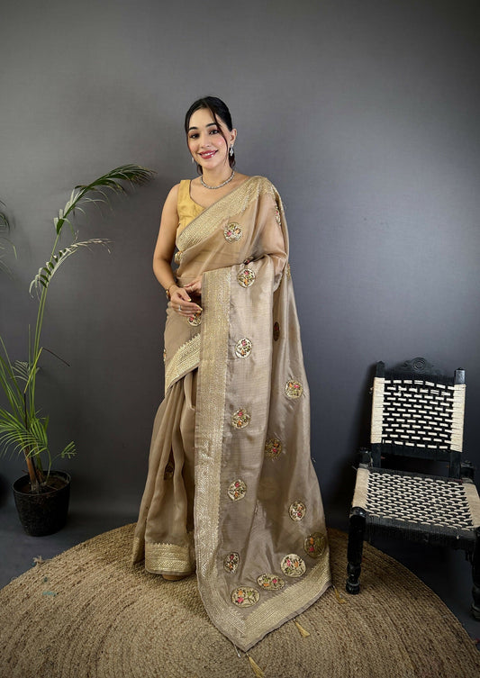 Joban Fashion Mud Brown Handloom Banarasi Organza Silk Khatali Butta Work Grab2Buy 