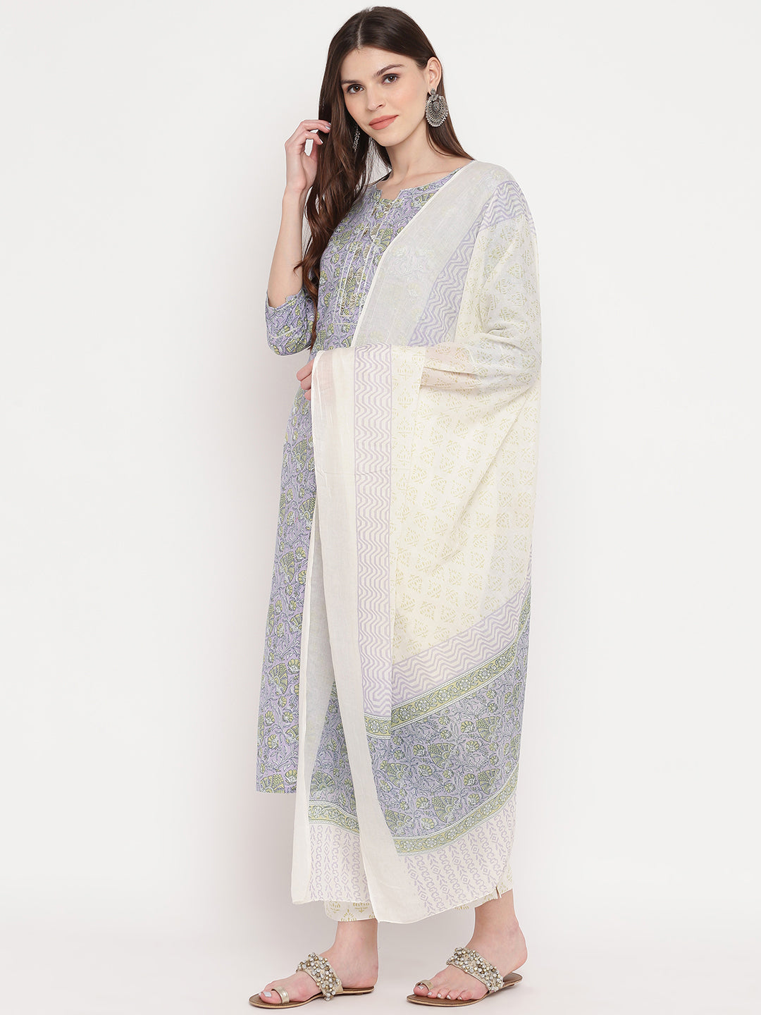 NOZ2TOZ Women's Purple Printed Kurta With Palazzo & Dupatta Set (Set of 3) 
