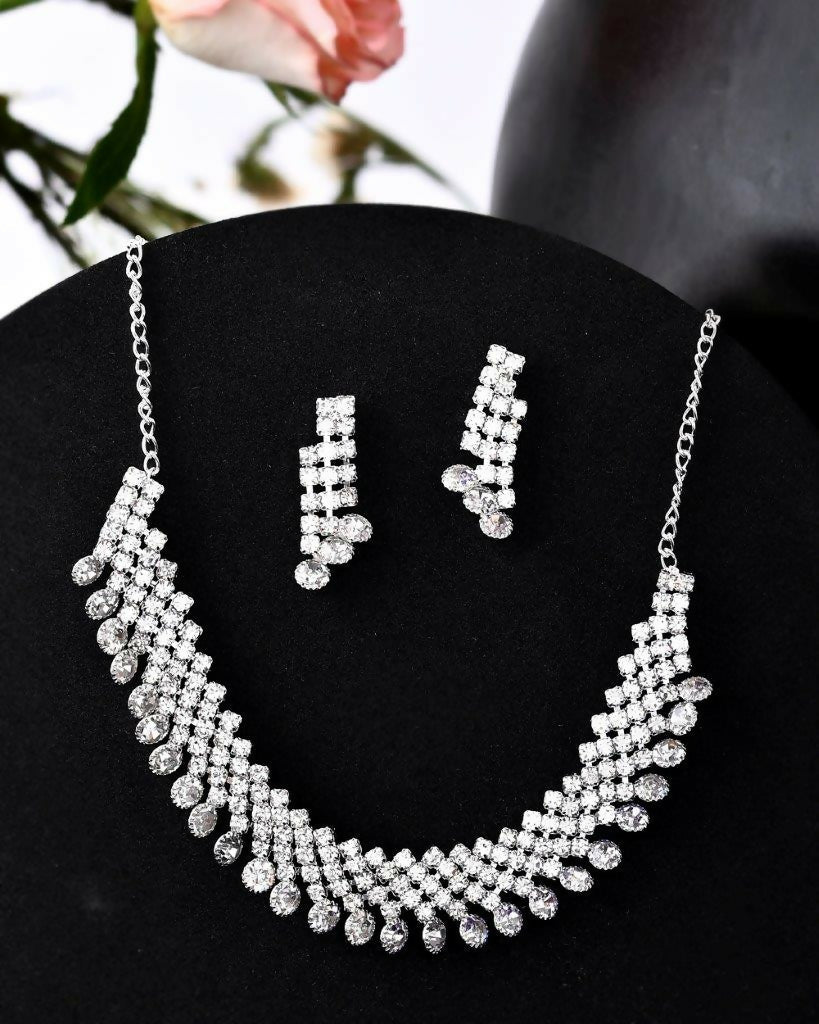 VOJ Silver Plated AD Stone Studded Necklace With Earrings Jewellery Set - Grab2buy