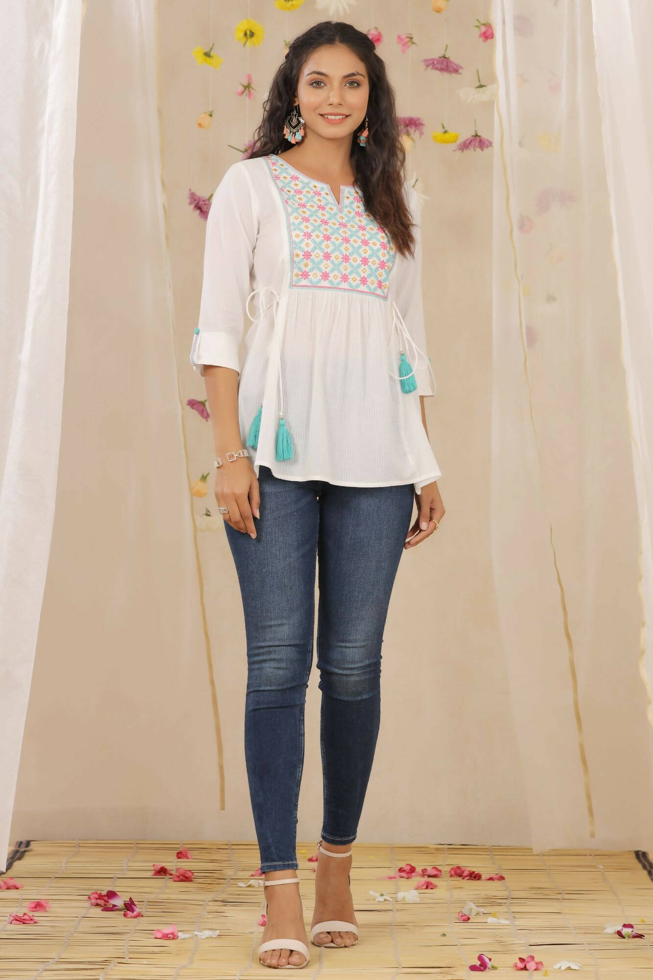 Juniper Women White Cotton Dobby Embroidered A-Line Tunic
