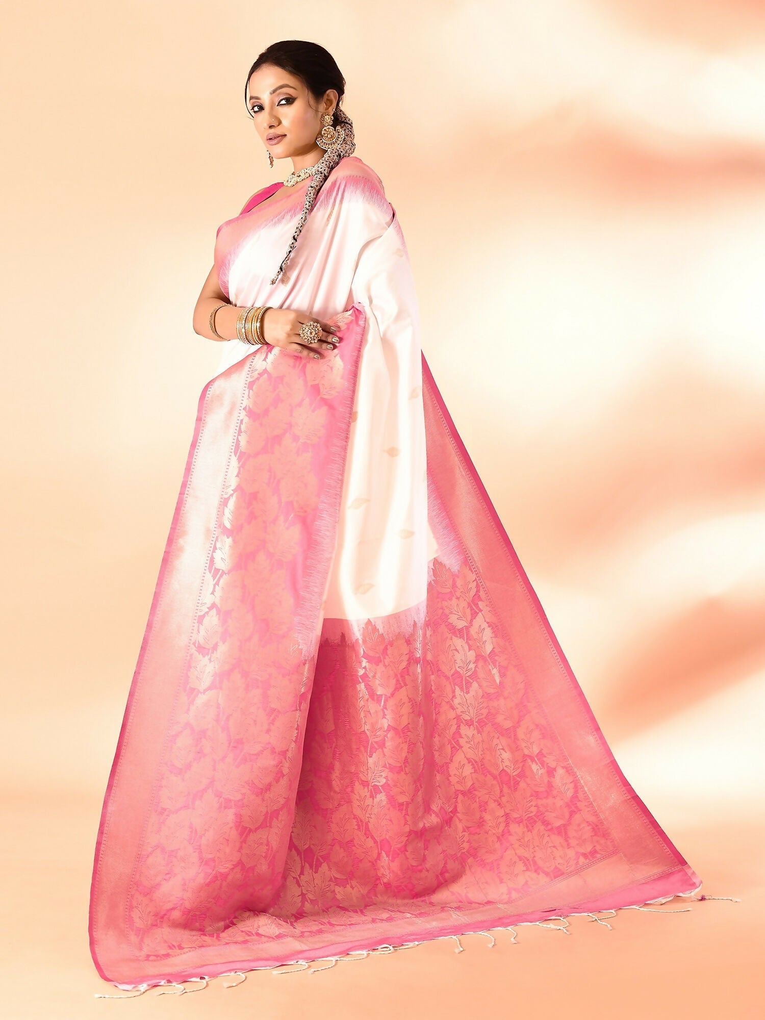 Joban Fashion White & Rani Pink Plain With Weaving Border Banarasi Silk Sarees 