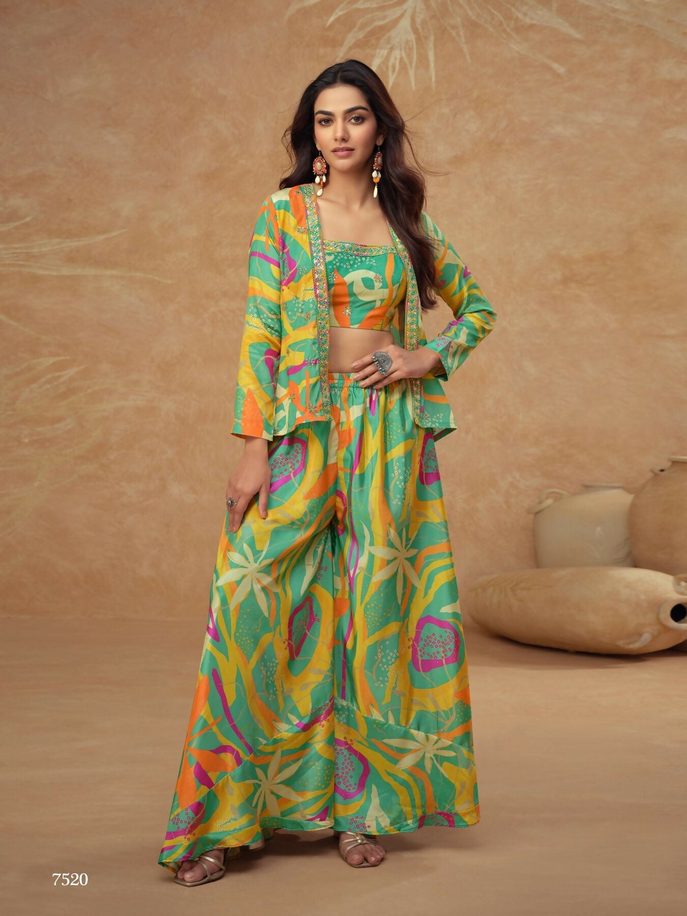 Anaita Parrot Green Real Chinon Stitched 3 Piece Suit with Printed & Embroidery hand work