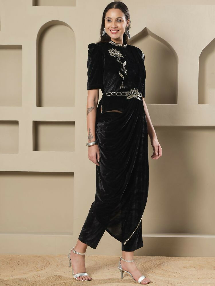 Joban Fashion Women Black Velvet Hand Embellishment Stitched Kurta Set