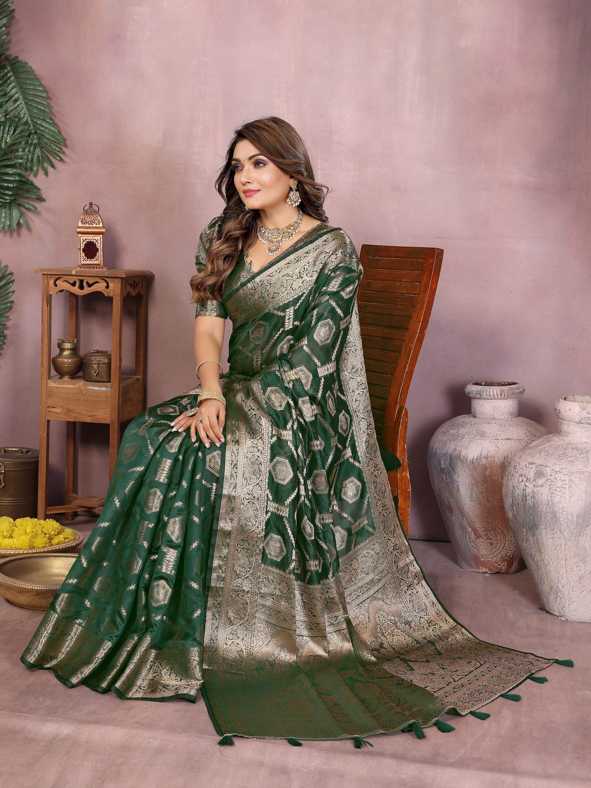 Aastha Fashion Green Soft Organza Silk Weaving Saree