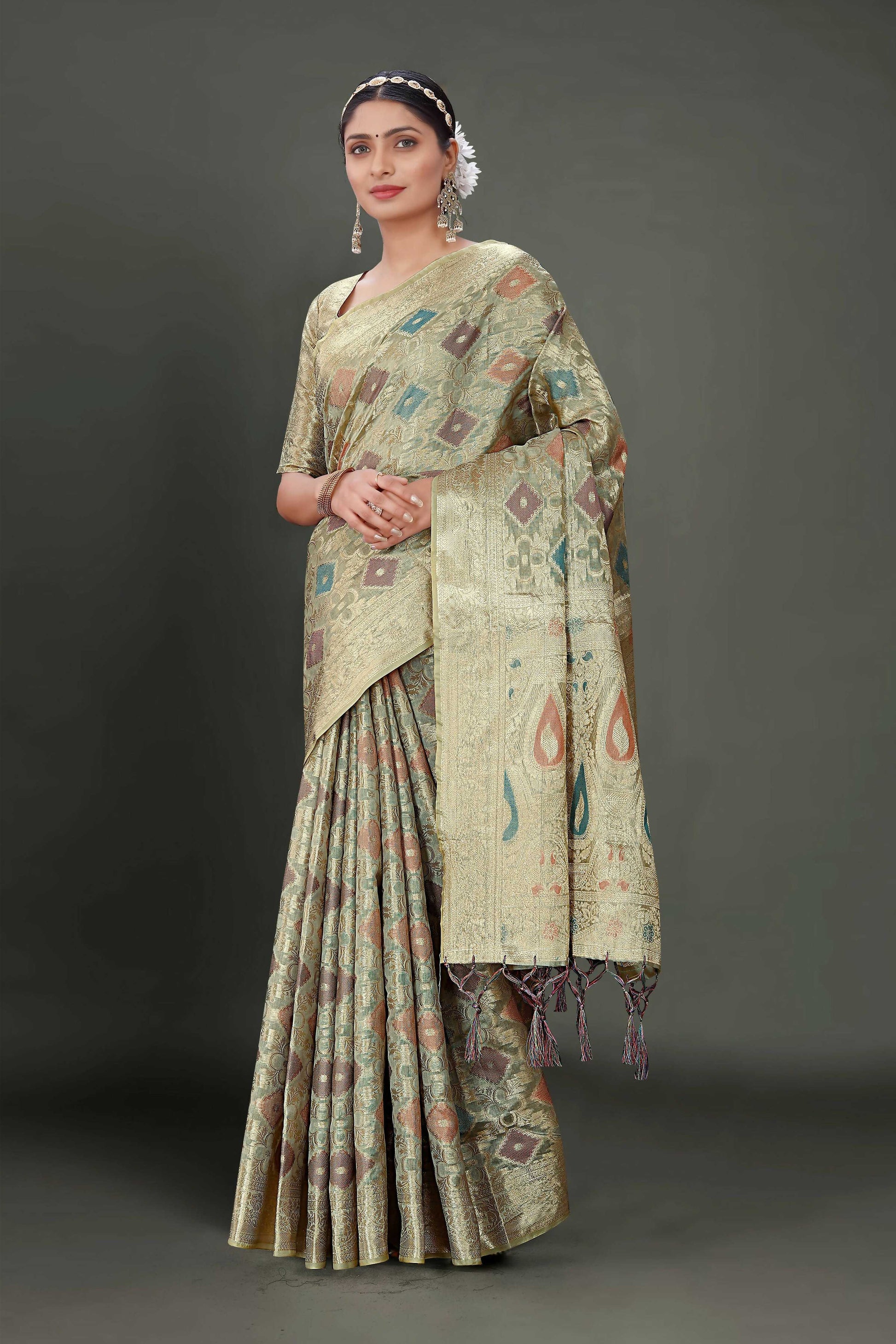 Grey Soft Organza Woven Design Saree With Unstitched Blouse Piece - Zaara