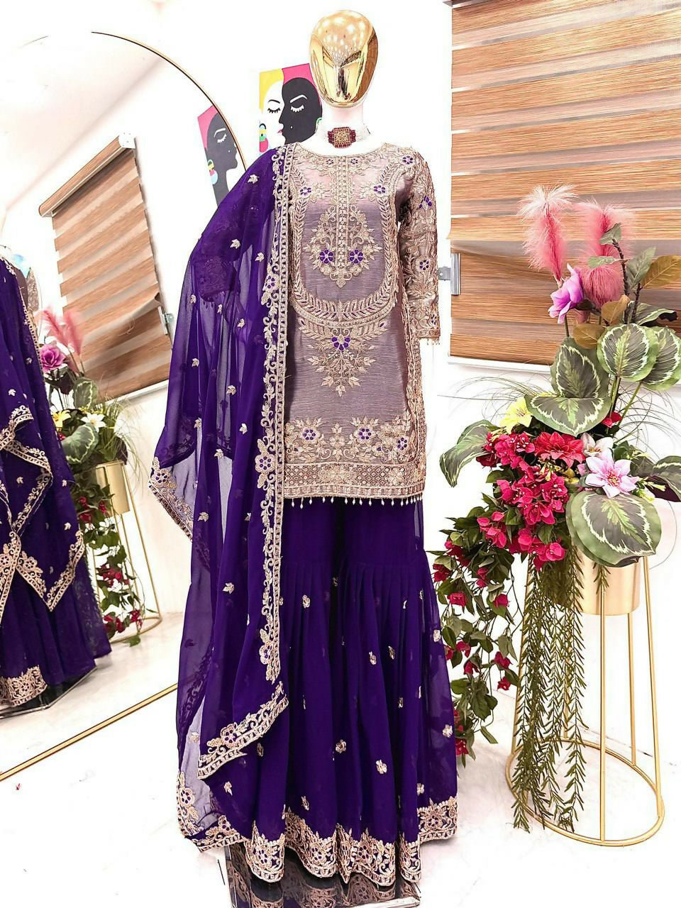 Teeya Creation Womens Latest Trending Codding Embroidery Siqunce Work Kurta Palazzo Set - Purple