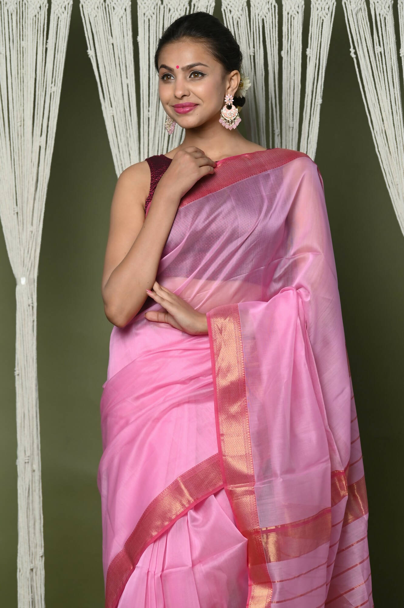Very Much Indian Handloom Cotton Silk Maheshwari Grab2Buy With Sleek Golden Border - Rose Pink 