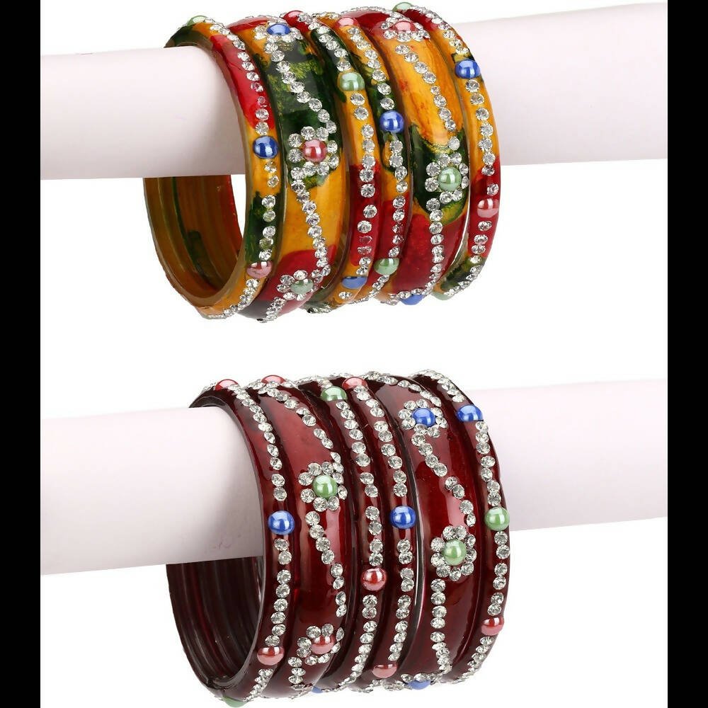Afast Bridal Wedding & Party Fashionable Colorful Glass Bangle/Kada Set, Pack Of 12 - Yellow, Maroon | Grab2Buy