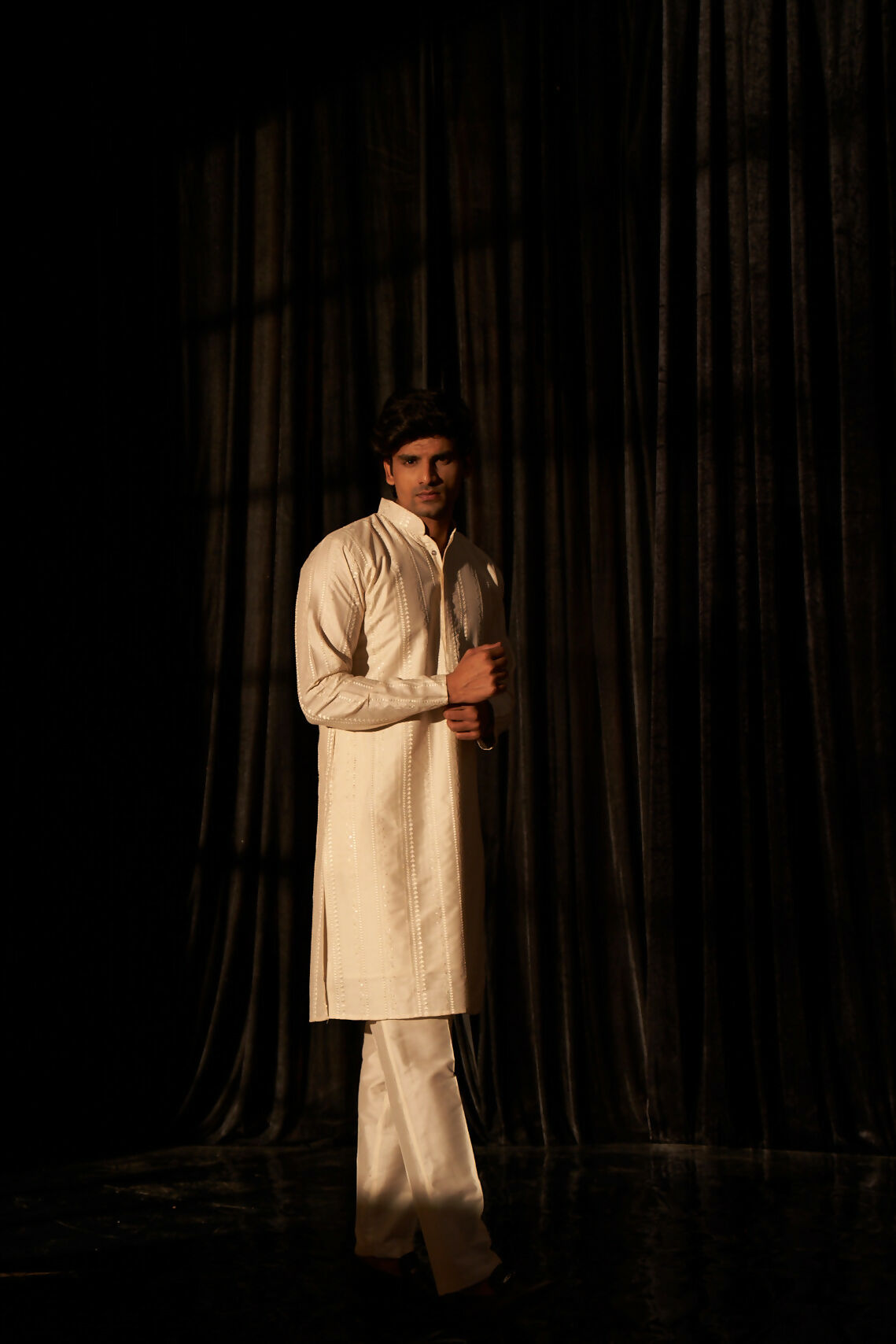 Off White Silk Designer Embroidery Work Men's Kurta Set - Mahotsav
