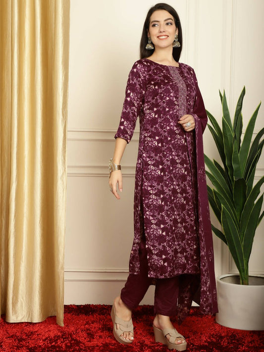 Aastha Fashion Women's Wine Pashmina Floral Digital Printed Kurta with Trouser & Dupatta - Grab2buy