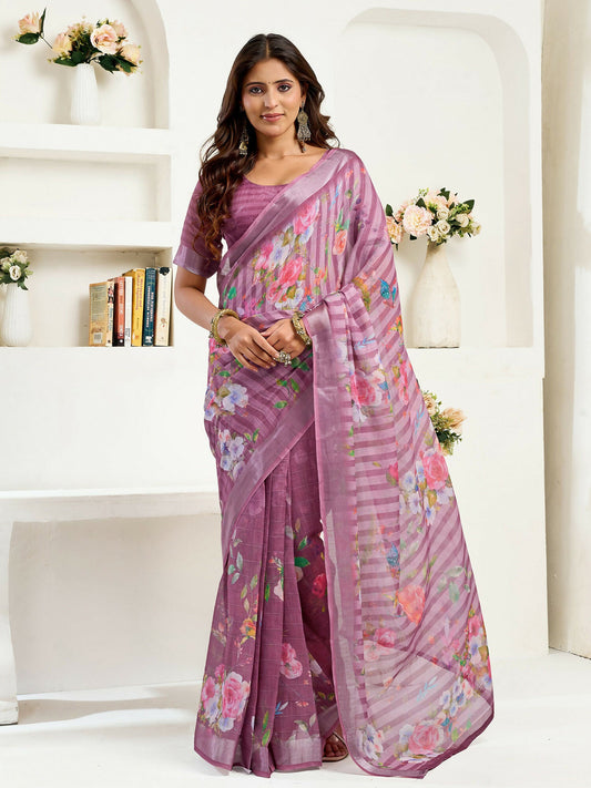 Joban Fashion Dusty Wine Floral & Striped Linen Ready To Wear Saree With Unstitched Blouse
