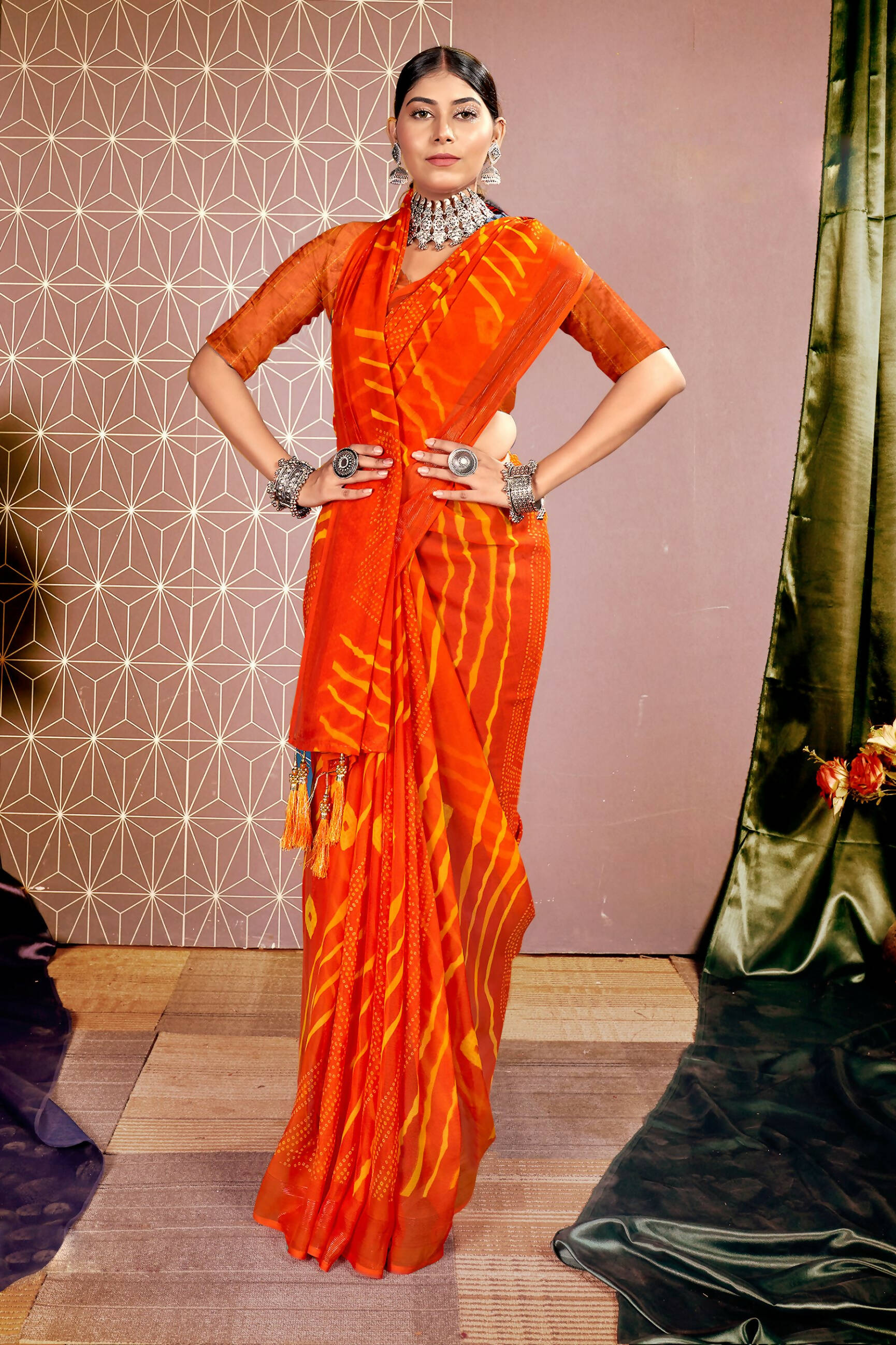Orange Chiffon Leheriya Printed Saree With Unstitched Blouse Piece - Shanaya
