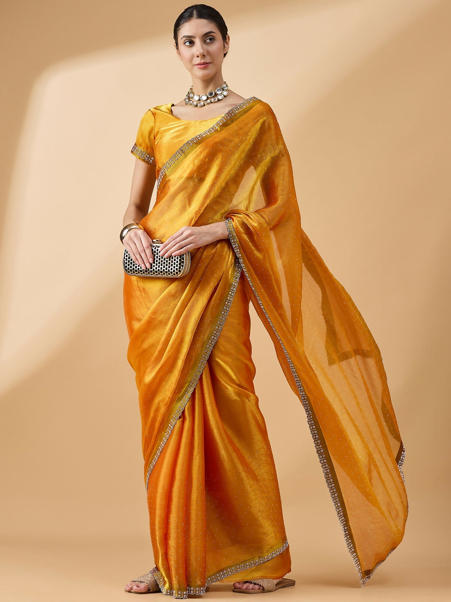 Mustard Organza Swaroski Diamond Work Saree with Unstitched Blouse - Radha