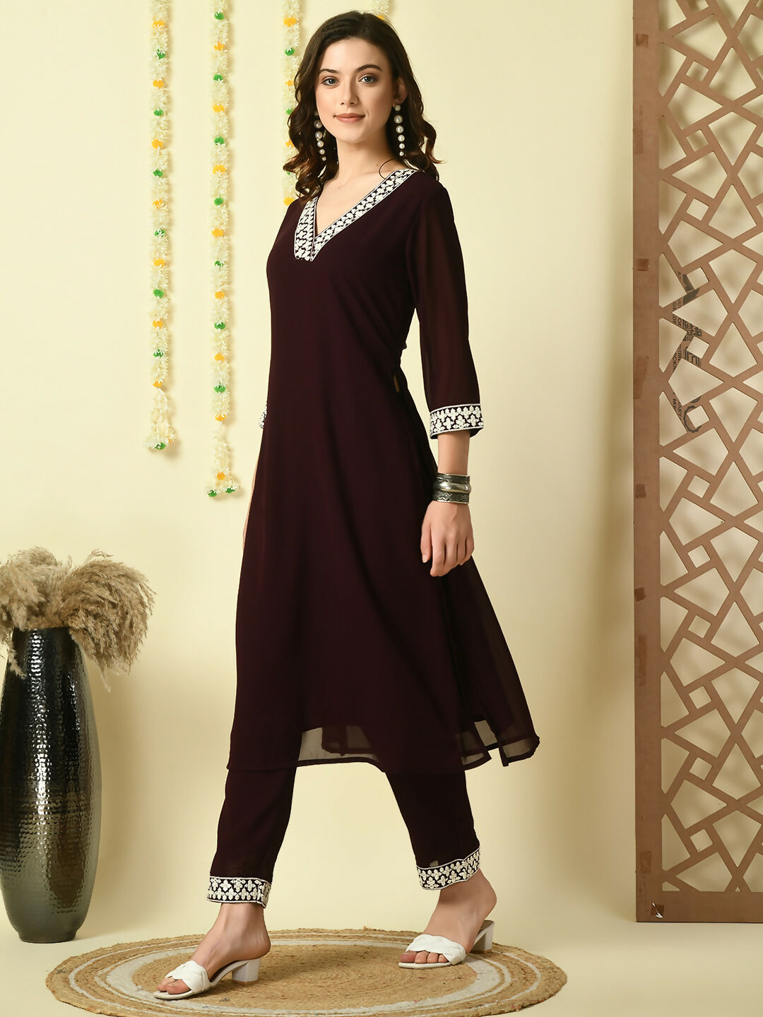 Myshka Women's Coffee Brown Georgette Kurta With Trousers Party Sets