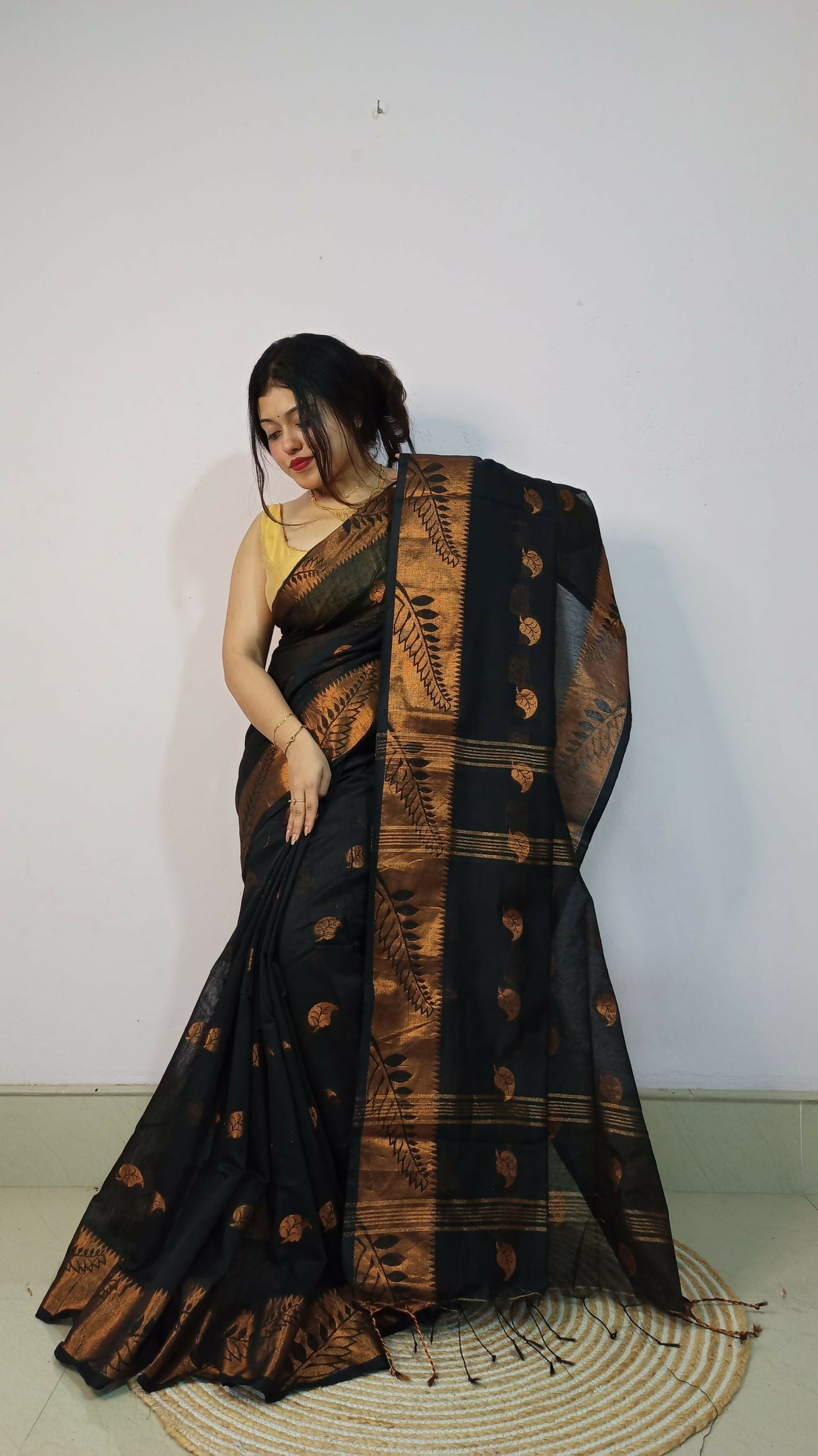 Exclusive Collection Beautiful Black Cotton Silk Woven Handloom Grab2Buy With Running Blouse Piece 