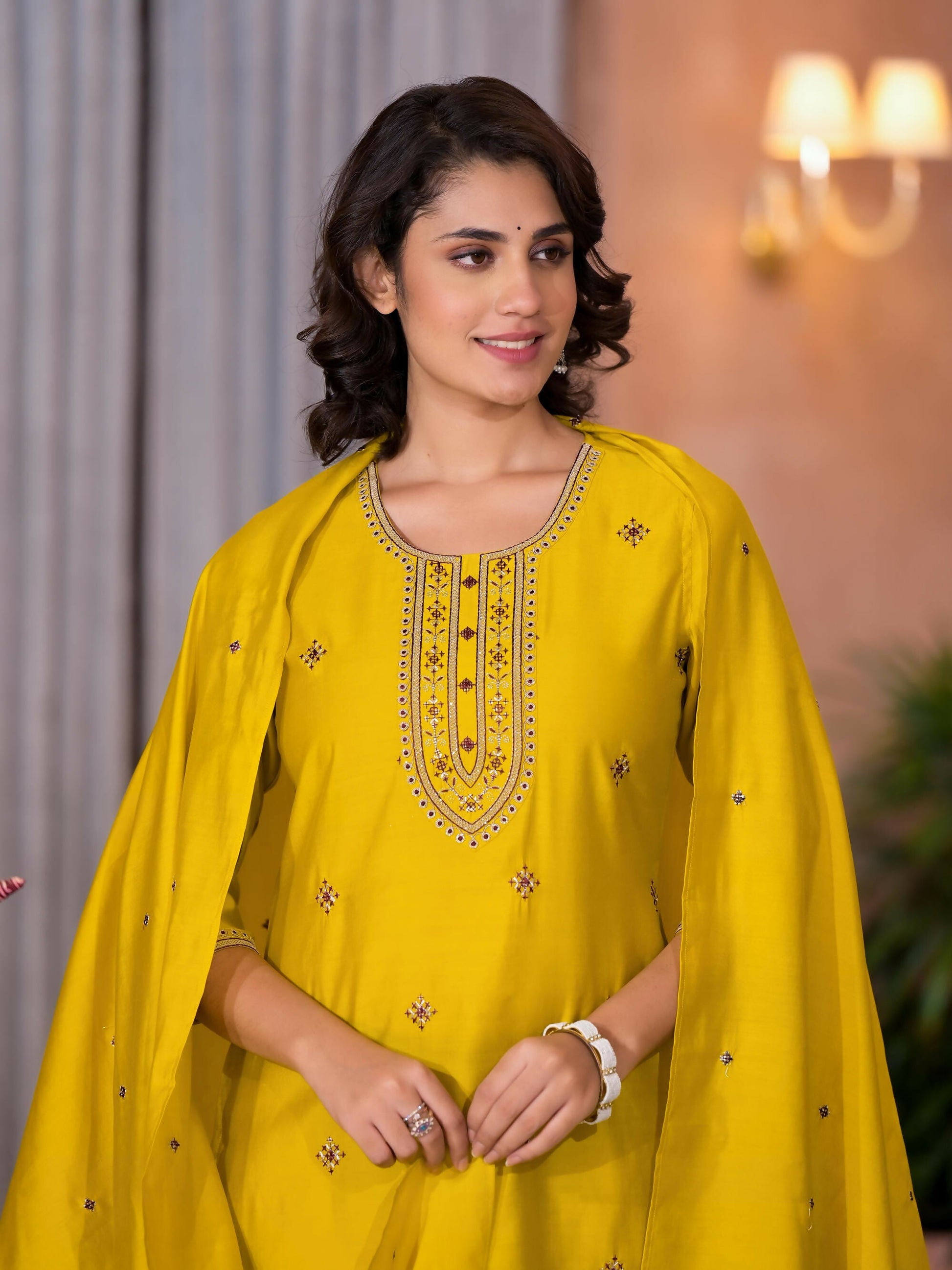 Juniper Women's Yellow Thread Embroidered Viscose Kurta Pant And Dupatta Set With Zari Work