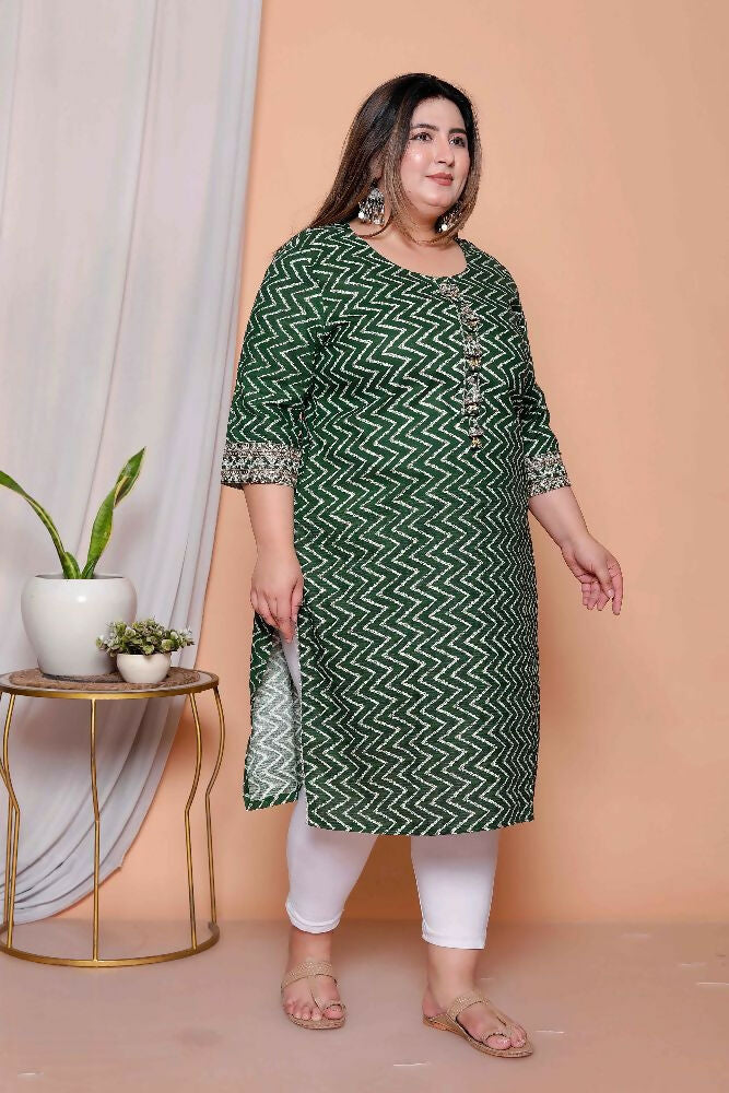Miravan Womens Plus Size Green Zigzag Print Embroidery Rayon Straight Kurta