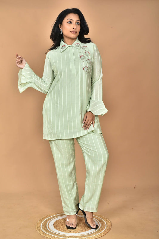 Morchari Women And Hand Embroidery Co-Ords-Green 