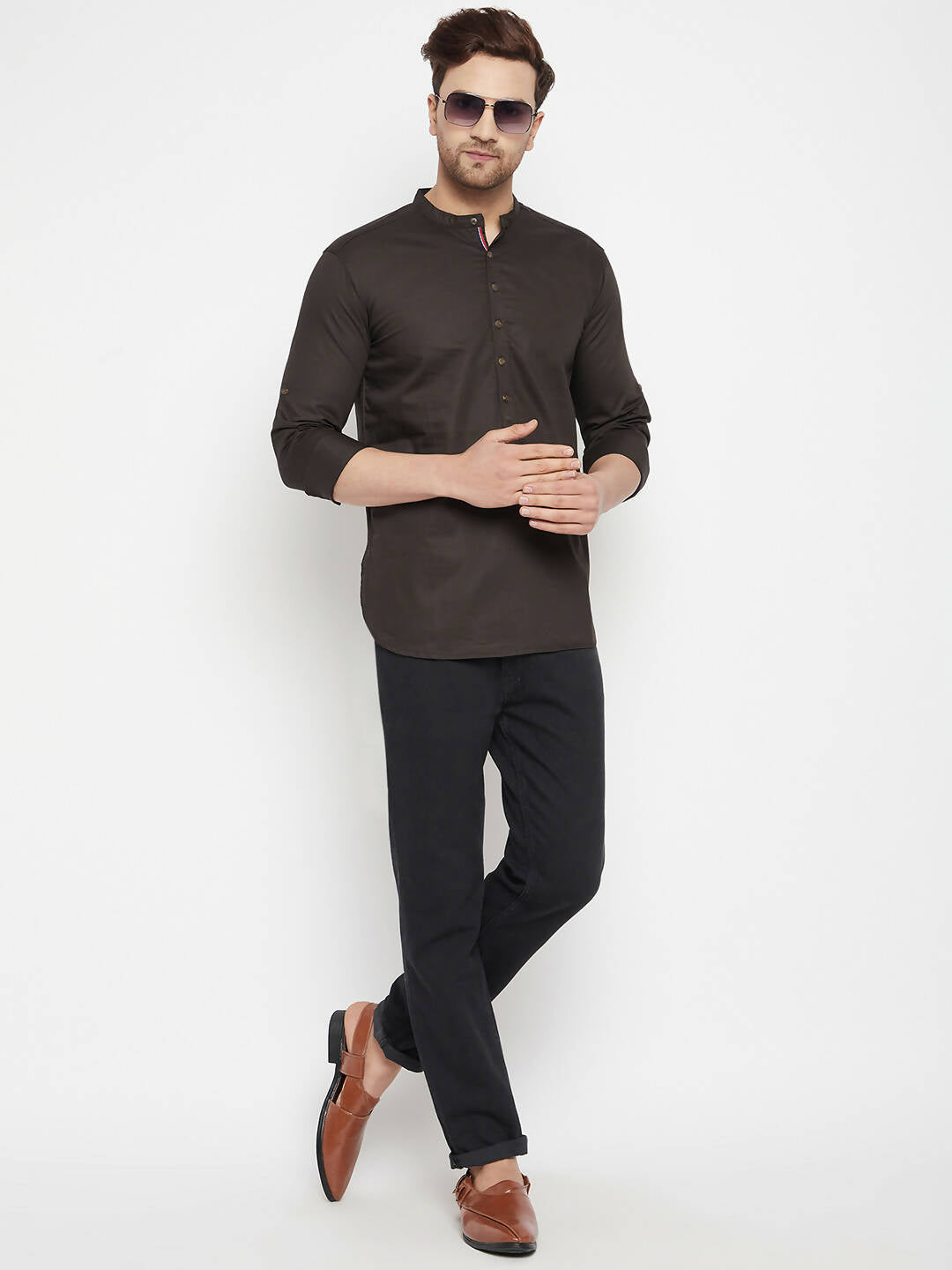 Even Apparels Brown Pure Cotton short Men's Kurta With Band Collar 