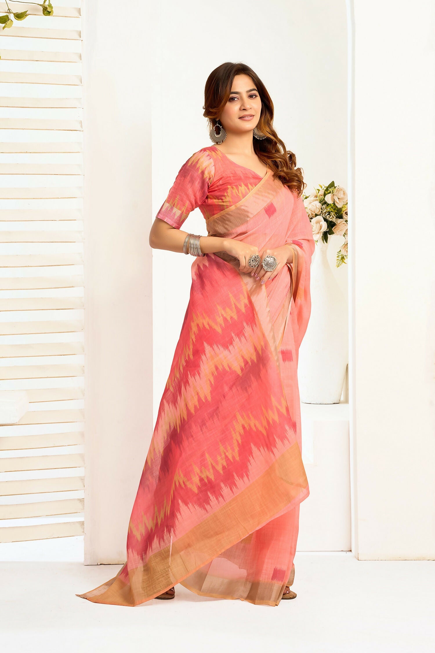 Joban Fashion Peach Ikkat Linen Ready To Wear Saree With Unstitched Blouse