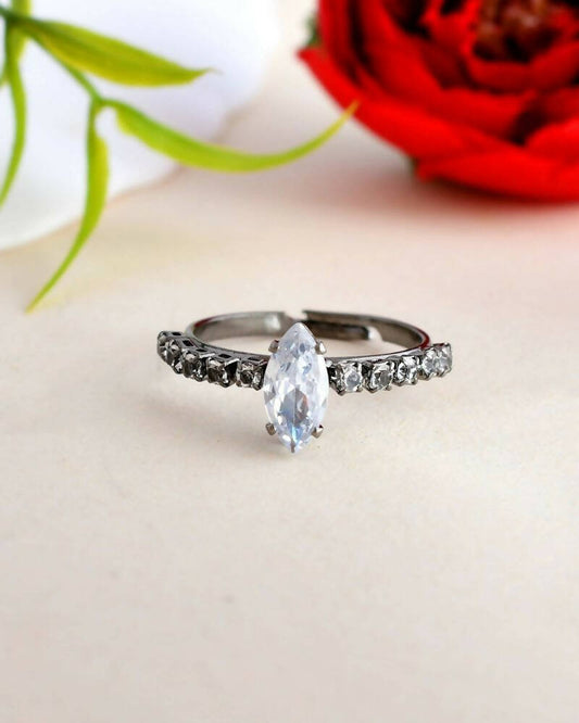VOJ white CZ-detail Stainless Steel Cubic Zirconia Rhodium Plated Adjustable Finger Ring 