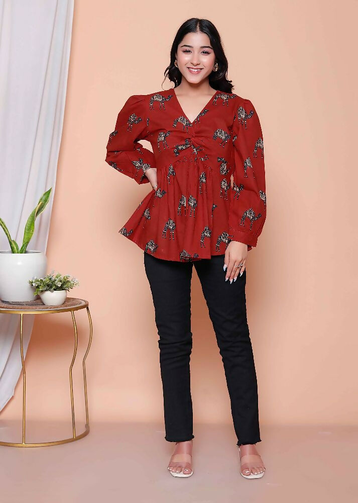Miravan Womens Brown Animal Printed Balloon Sleeves V Neck Butterfly Top