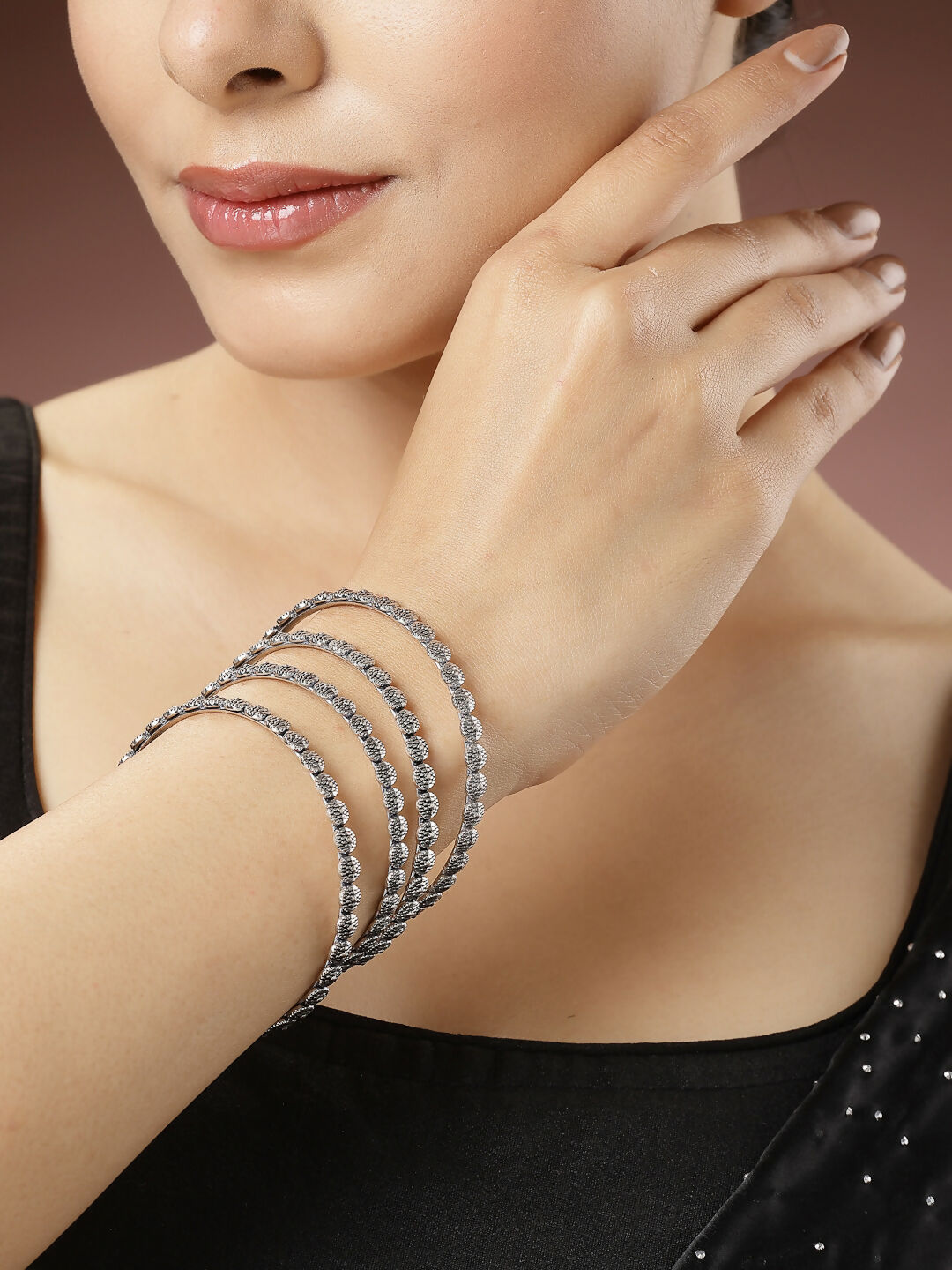 NVR Women's Set of 4 Silver-Toned German Silver Oxidised Bangles