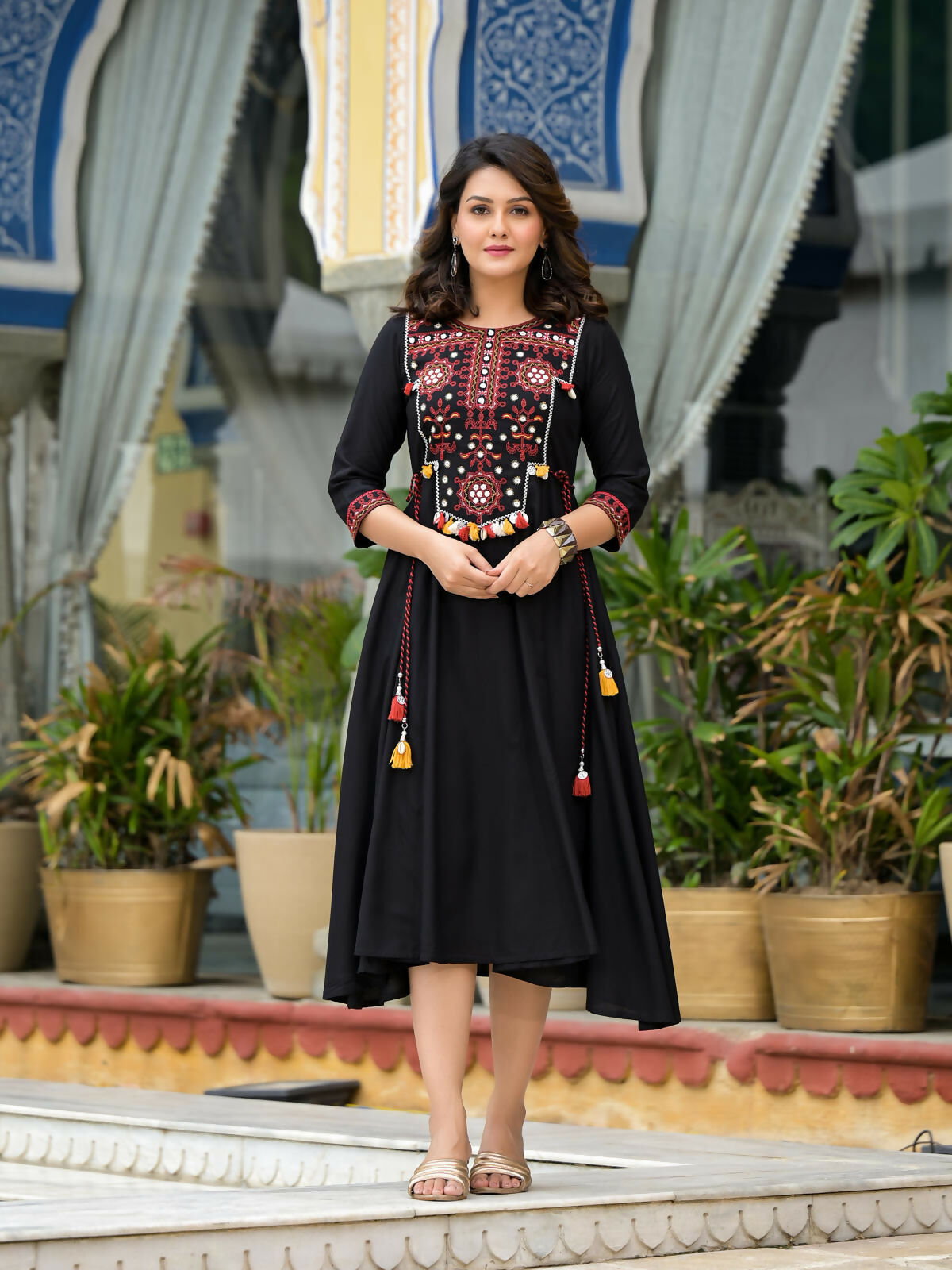 Juniper Women's Black Thread Embroidered Liva Rayon A-Line Dress With Tassel Kaudis & Doris At Waist