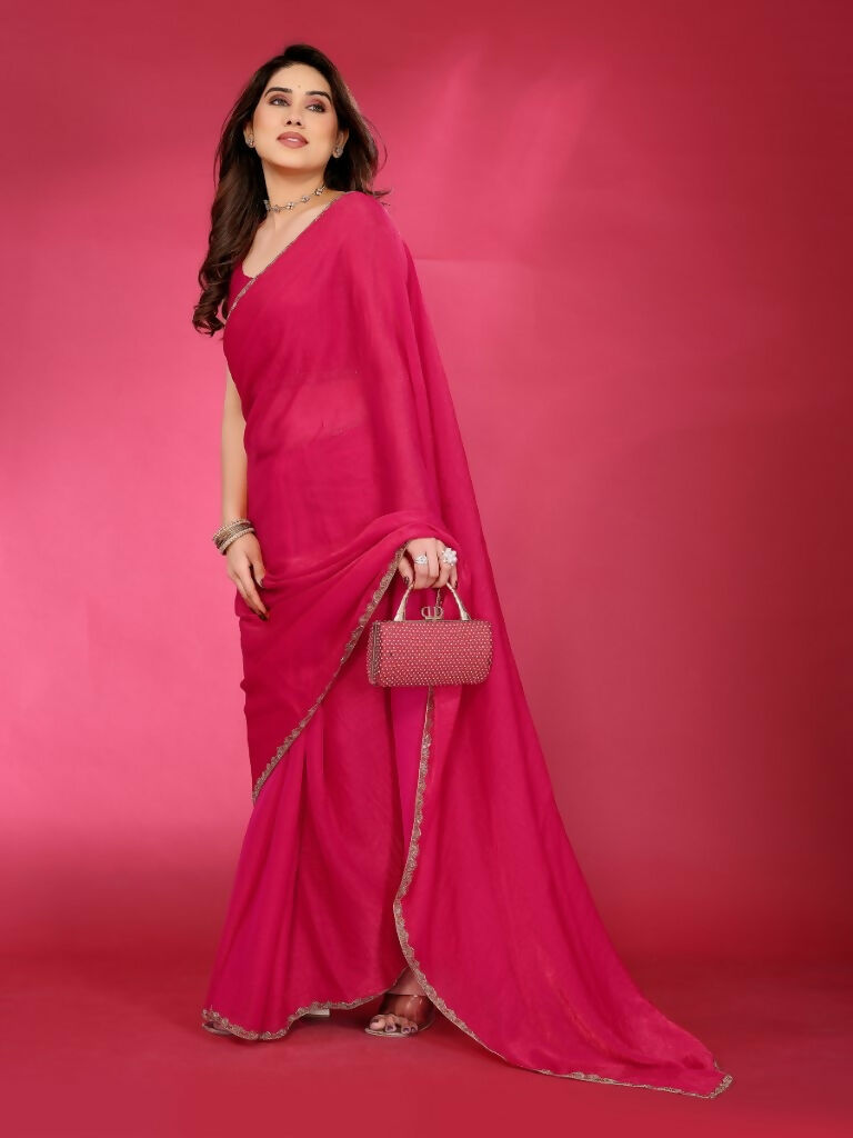 PR Fashion Pink Jimmy Choo Fabric Palin With Work Lace Saree