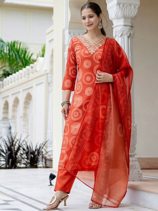 The52 Orange Women's Gorgeous Rayon Embroidered Straight Kurta with Pant And Dupatta Set | Grab2Buy