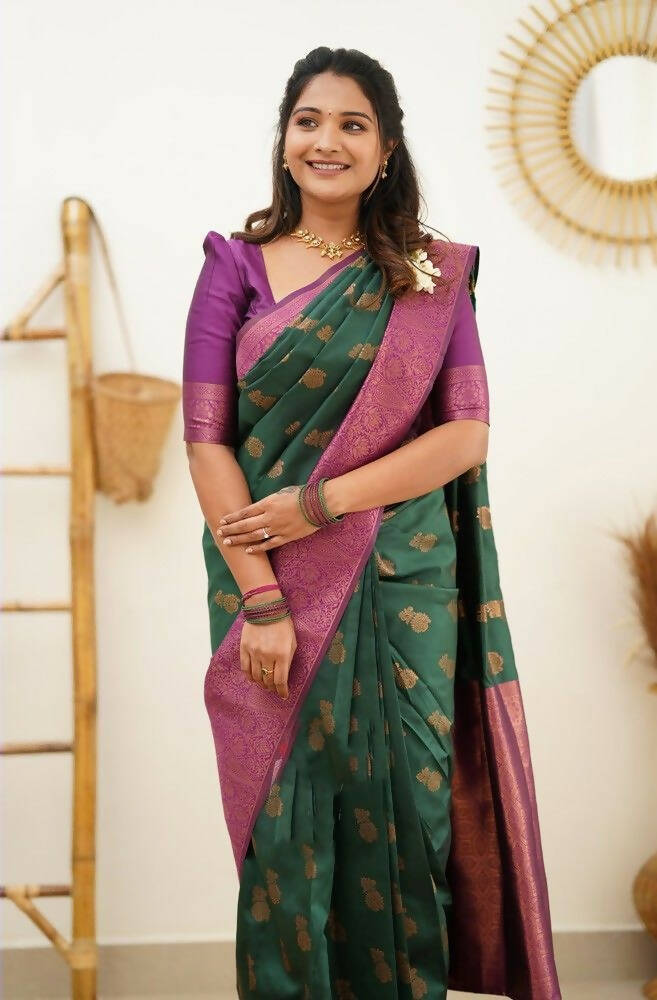 DEIANA'S Beautiful Designer Golden zari Soft Lichi Silk Saree - Teal