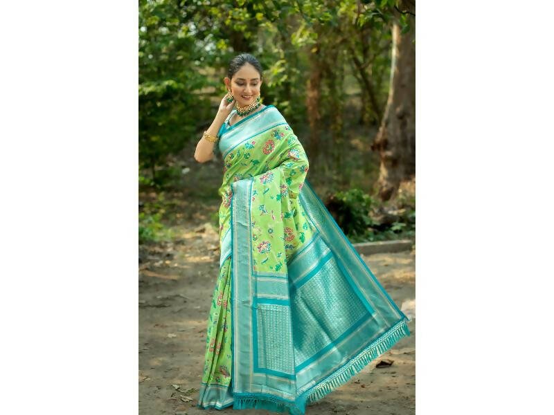 Aastha Fashion Women's Green Banarasi Silk Meenakari Zari Woven Saree with Blouse - Grab2buy