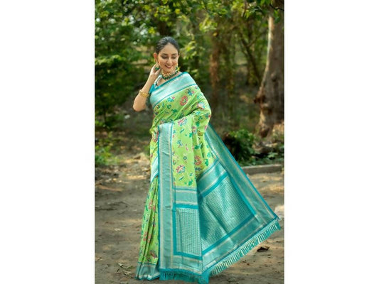 Aastha Fashion Women's Green Banarasi Silk Meenakari Zari Woven Saree with Blouse - Grab2buy