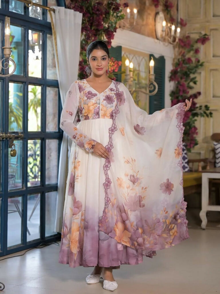 Teeya Creation Multi Color Organza Silk Printed Party Wear Gown