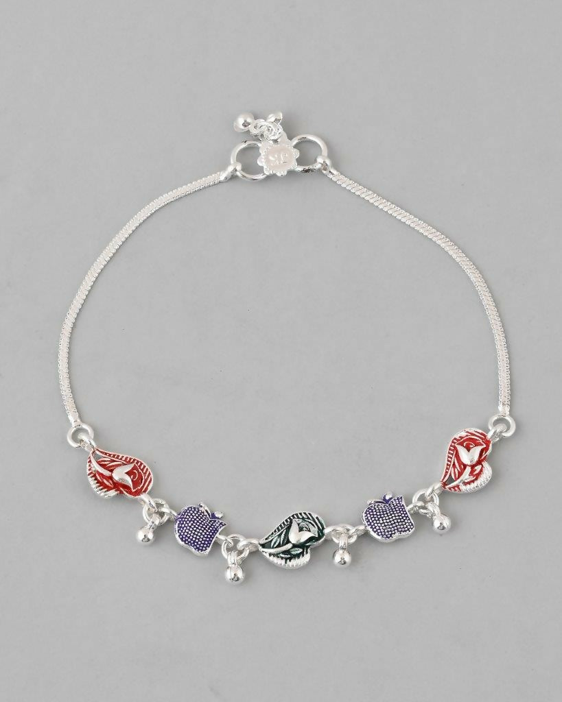 VOJ Set of 2 Silver Plated Designer Multi Color Anklet 