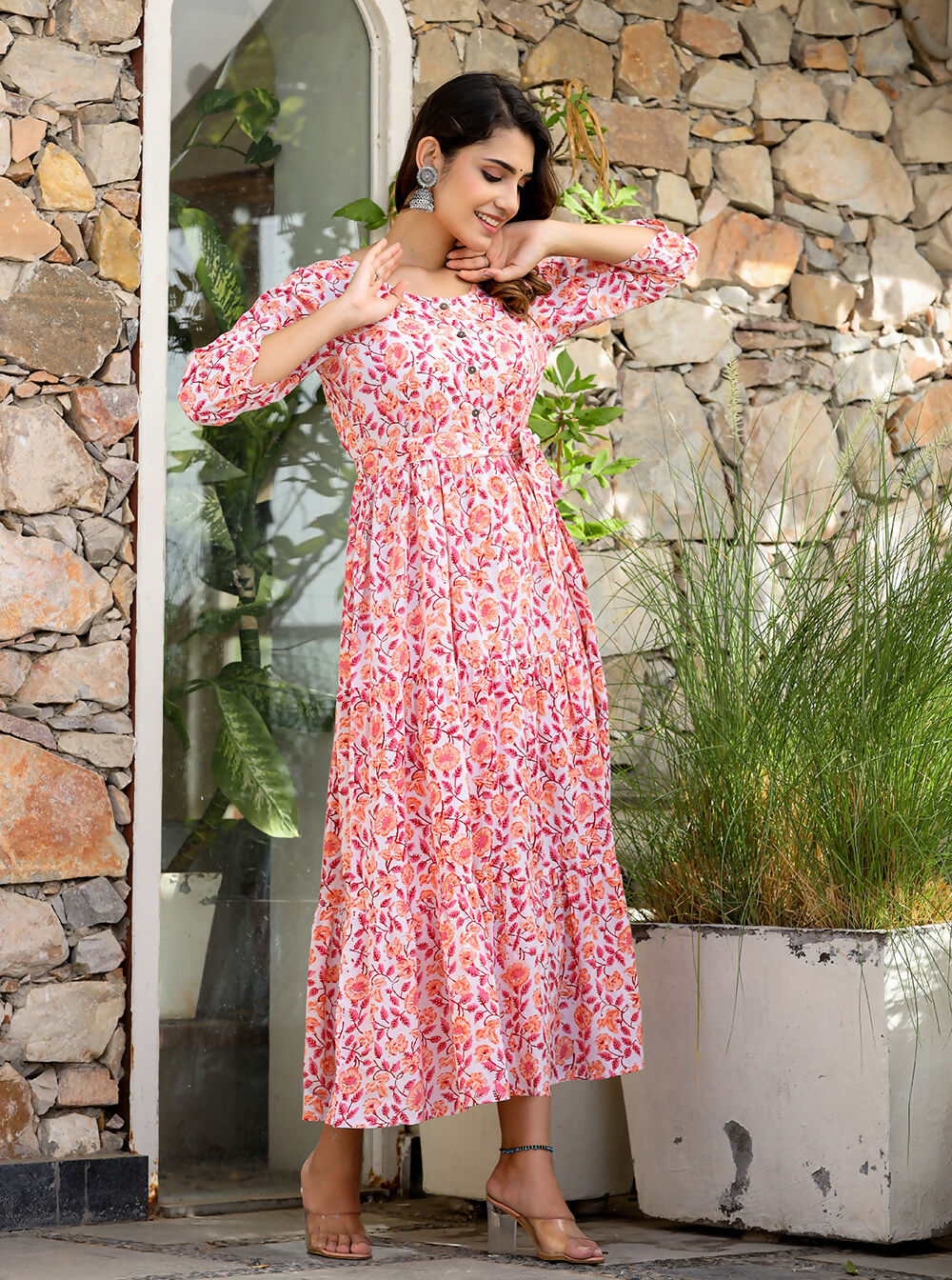 Kaajh Women's Orange Ethnic Floral Hand Block Print Cotton Dress