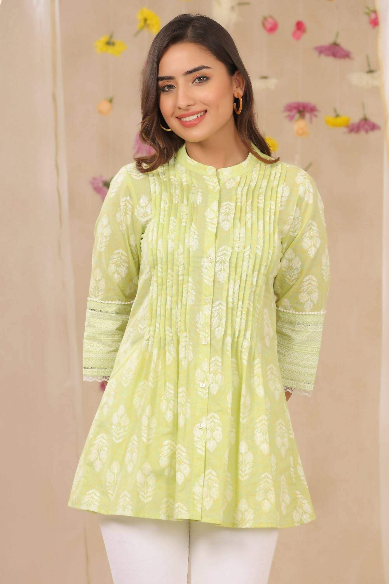 Juniper Women Limegreen Cambric Printed A-Line Tunic