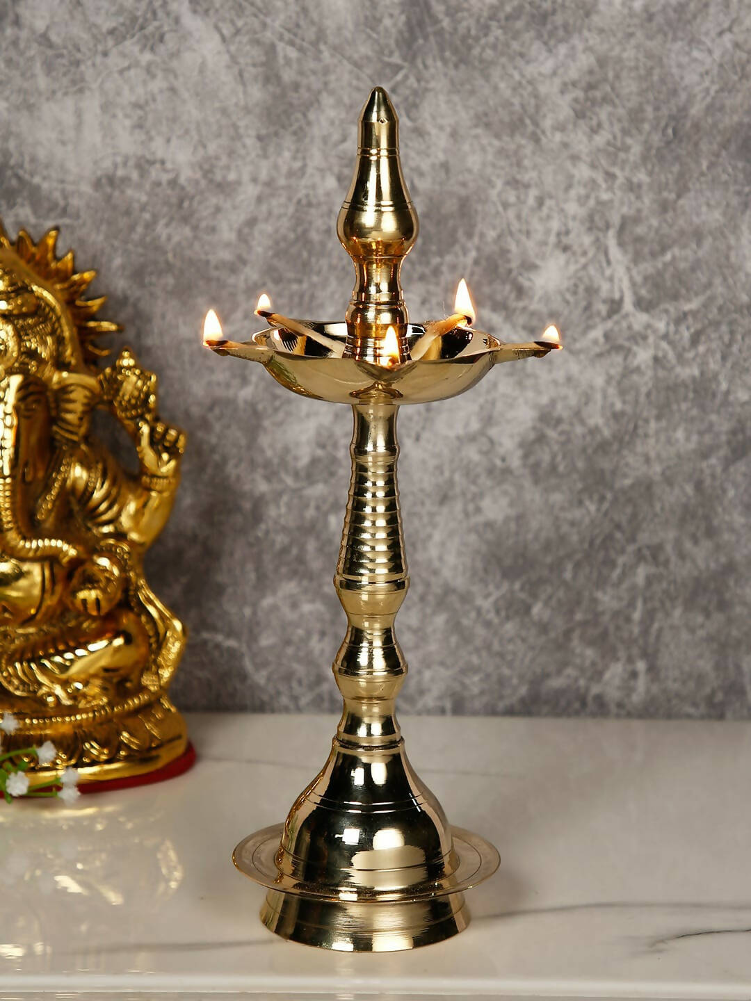 CraftVatika Gold-Toned Brass Kerala Diya Oil Lamp Stand 